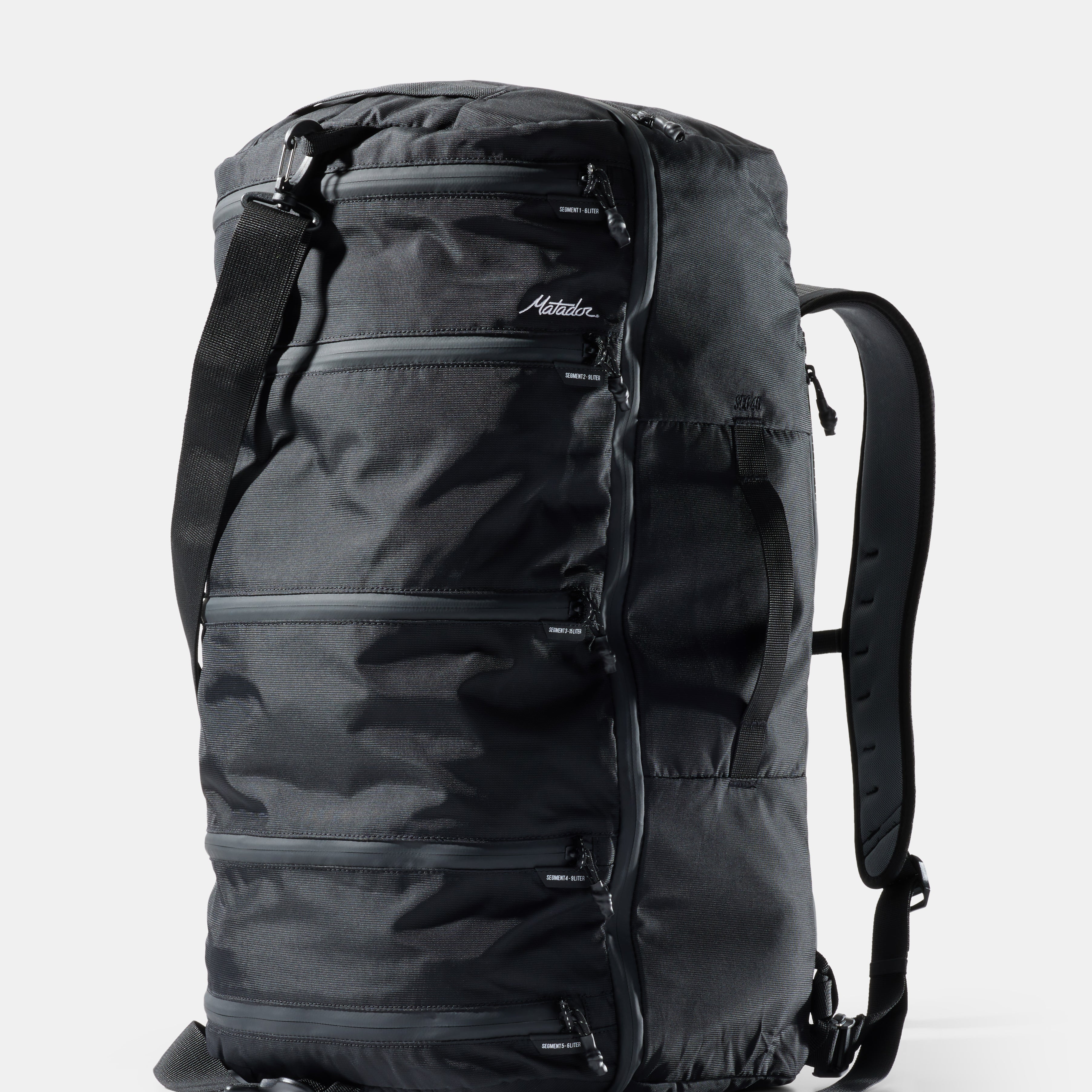 Black backpack on a light gray background