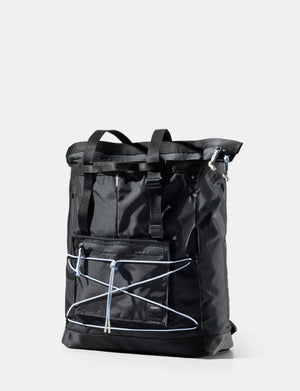 Black backpack with reflective accents on a white background