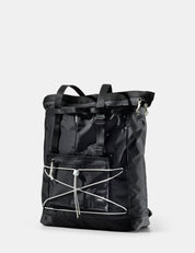 Black tote with white accents on a light gray background