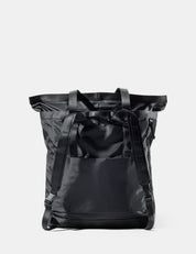 Black tote pack on a light gray background