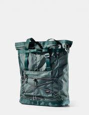 Green tote bag with multiple straps on a white background