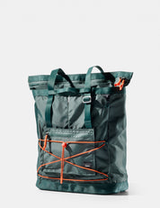 Green backpack with orange accents on a white background