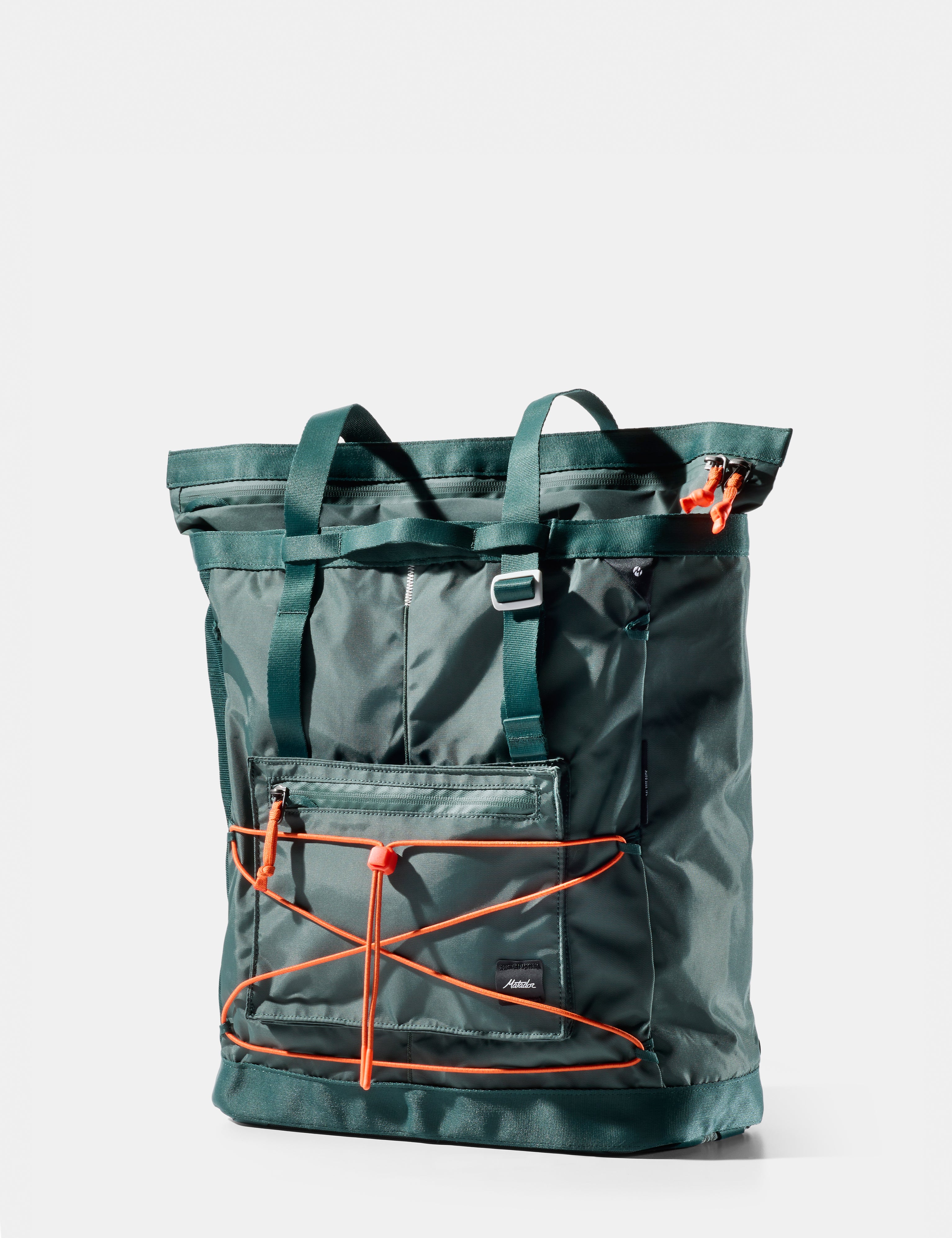 Green backpack with orange accents on a white background