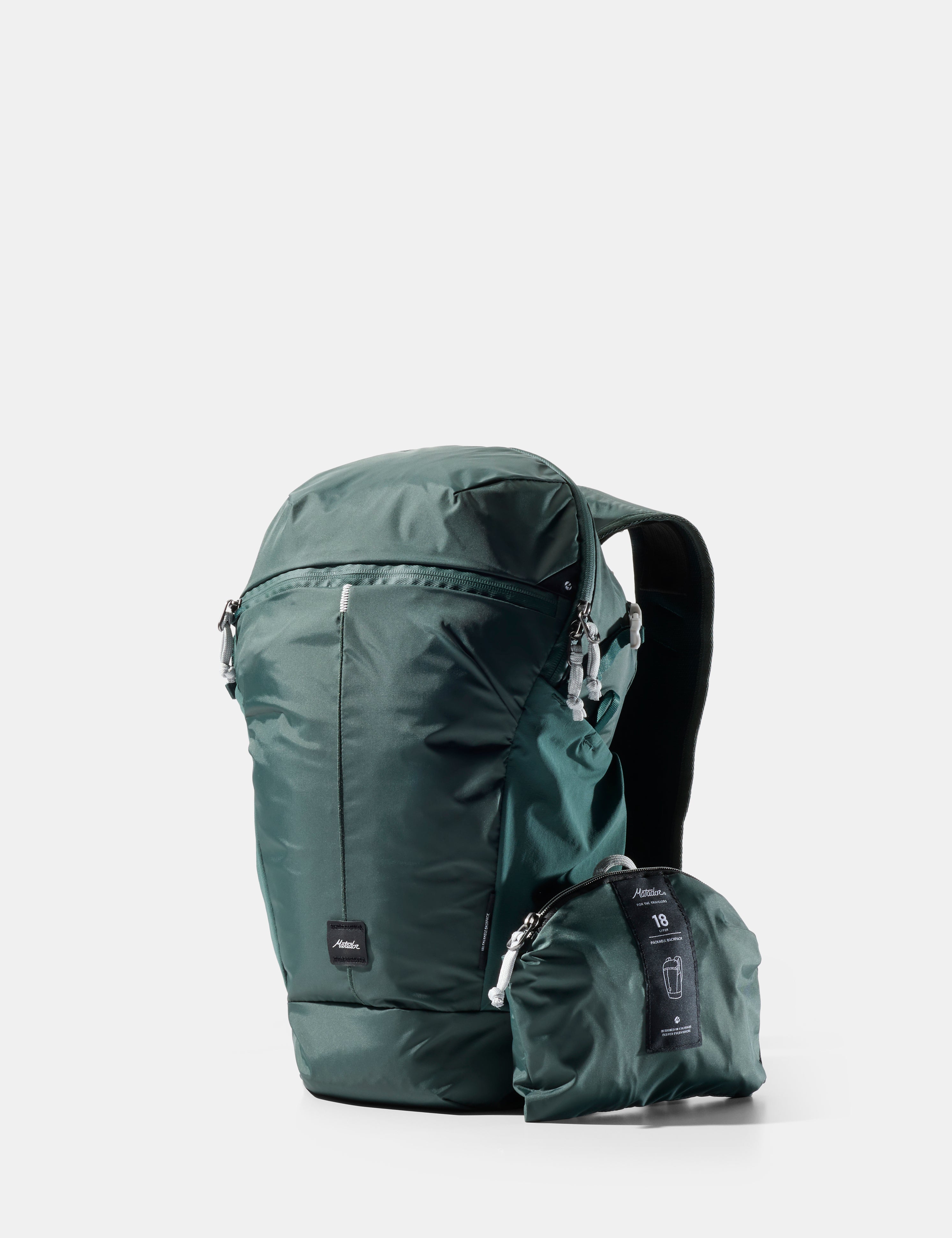 Green backpack with a smaller pouch on a white background