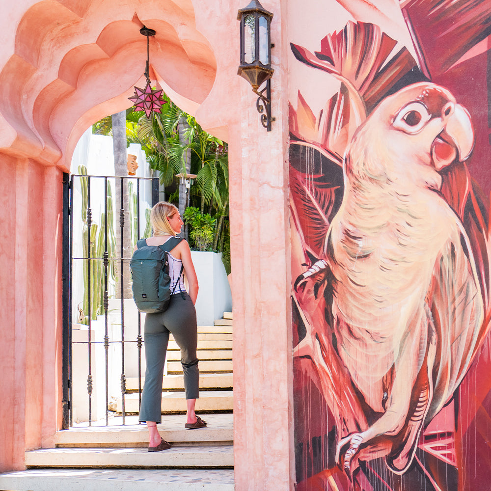 person wearing juniper backpack, walking up stairs next to a colorful mural