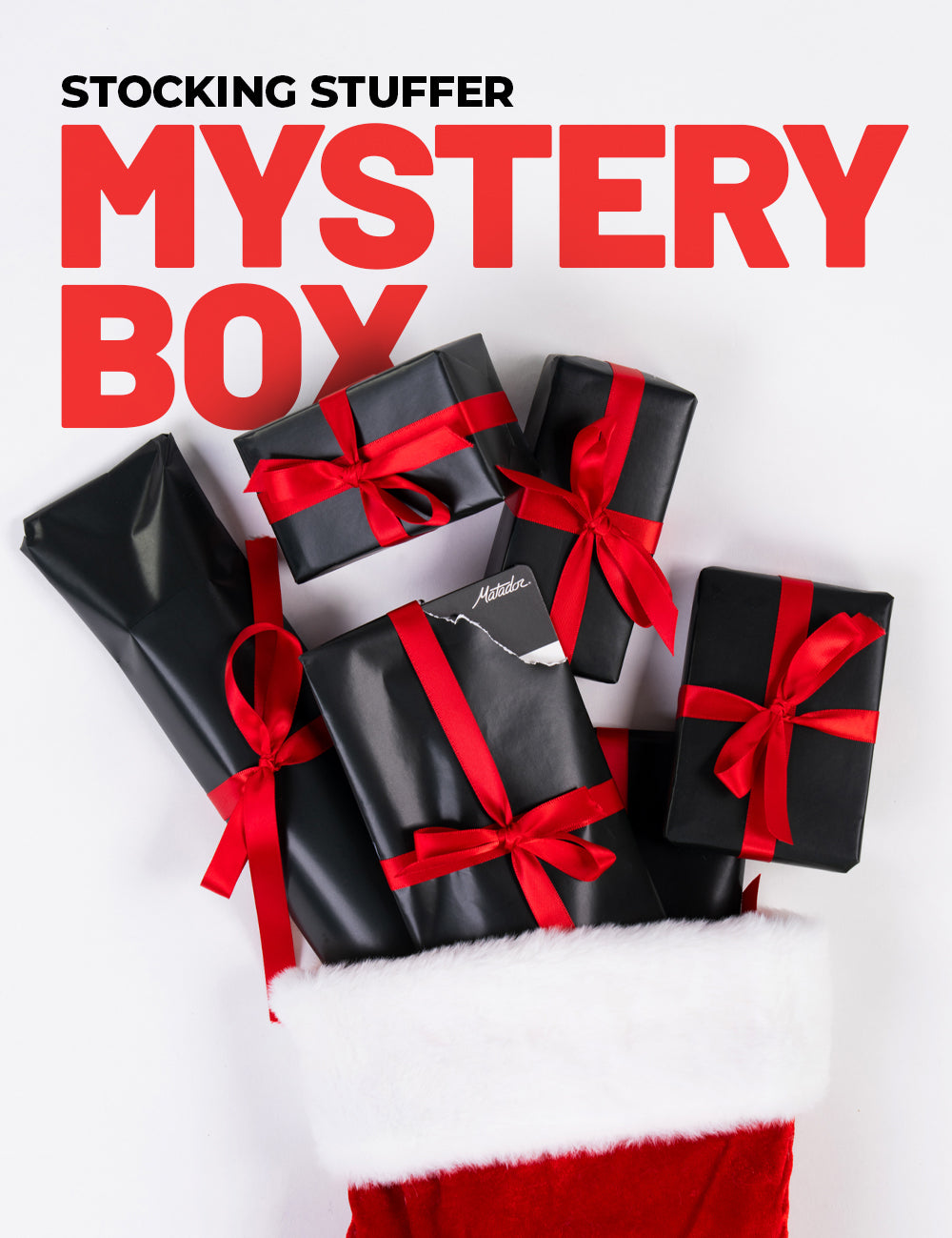 Black gift boxes with red ribbons on a white background with text 'Stocking Stuffer Mystery Box'.
