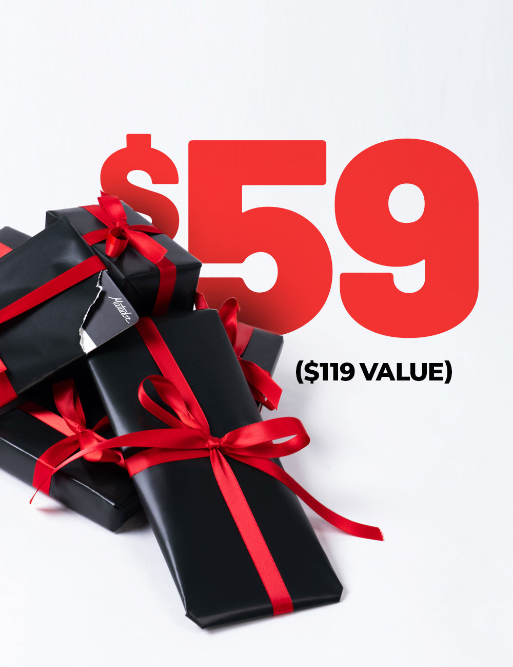 Black gift boxes with red ribbons and a large red discount label on a white background