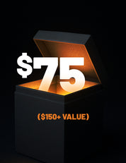 Black box with a glowing interior displaying '$75 ($150+ Value)' on a black background