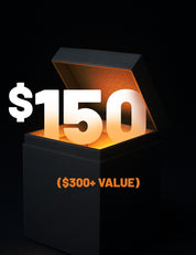 Black box with glowing interior displaying '$150' and '($300+ Value)' text on a black background.