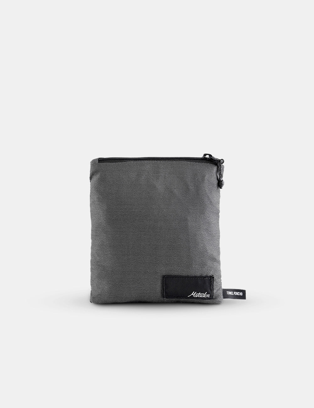 Gray pouch with a black zipper on a white background