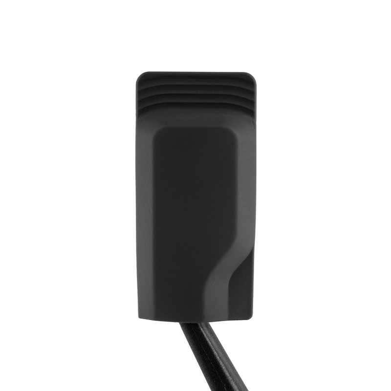 Back view of black toothbrush cap on white background