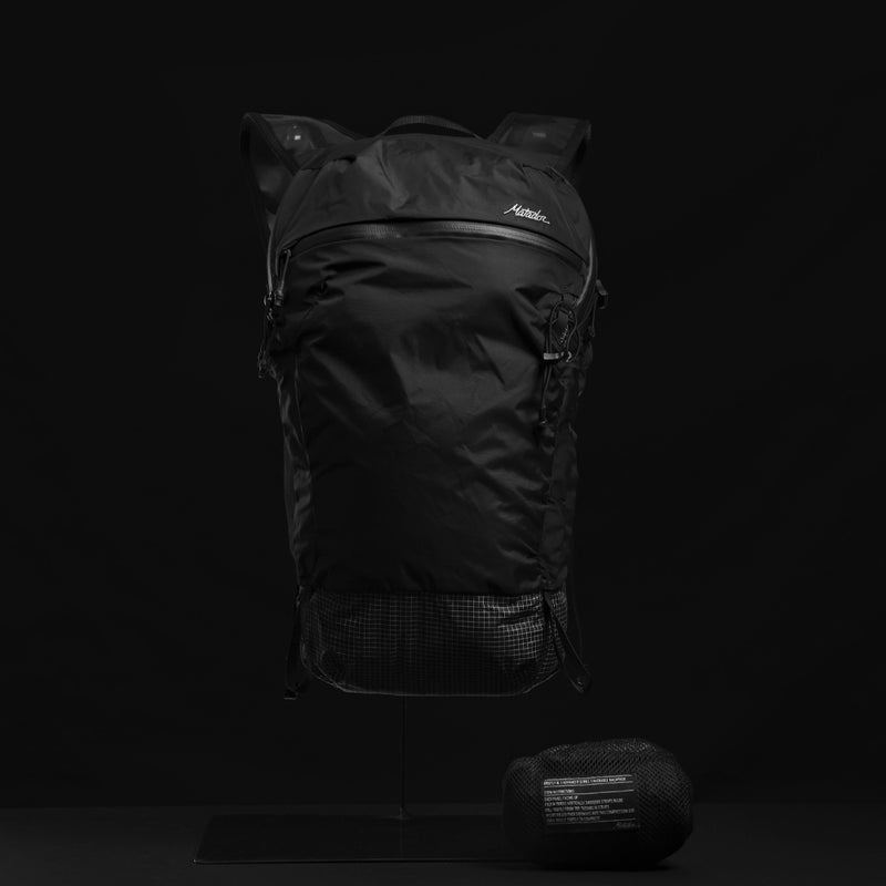 Front view of backpack and pouch on black background