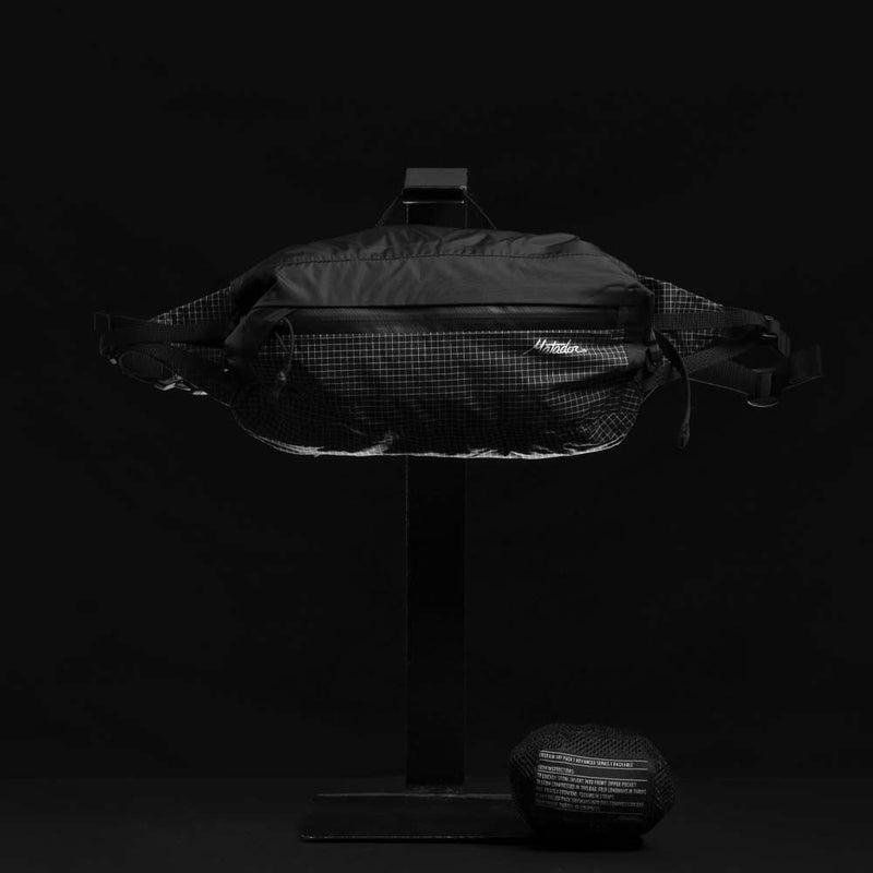 Front view of hip pack and pouch on black background