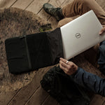 Man in cabin, putting laptop into base layer