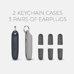 2 keychain cases, 3 pages of earplugs on white
