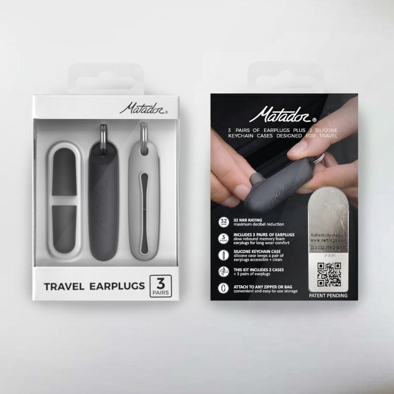 Earplug case packaging: Black earplugs, black case, and a white case